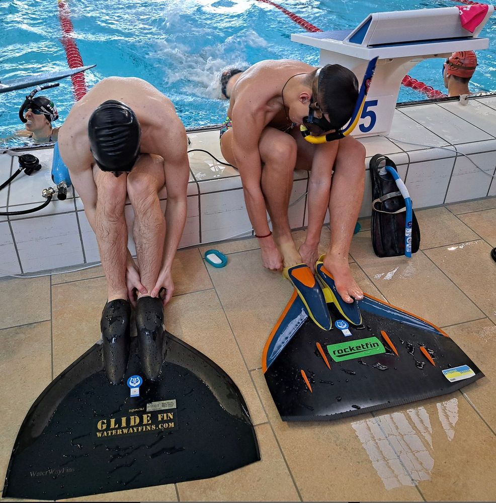 Deux nageurs enfilant leur monopalme sur le bord d'une piscine.