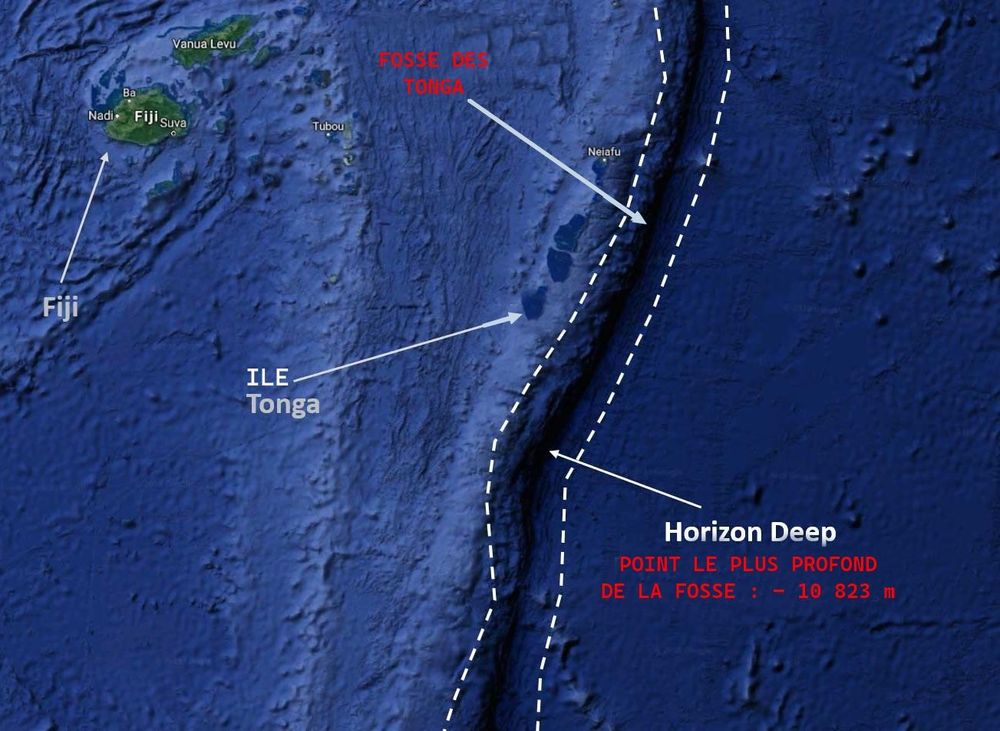 Carte sous-marine marquant l'emplacement de la fosse des Tonga et son point le plus profond.