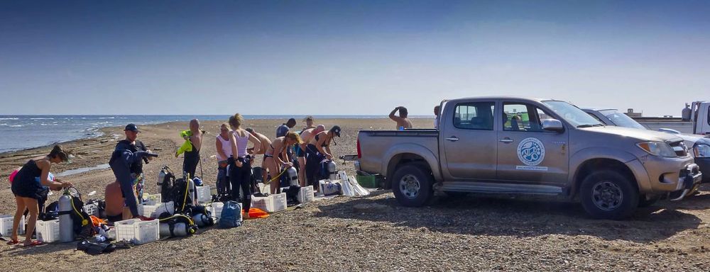 Un pick up et des plongeurs se préparant sur la plage