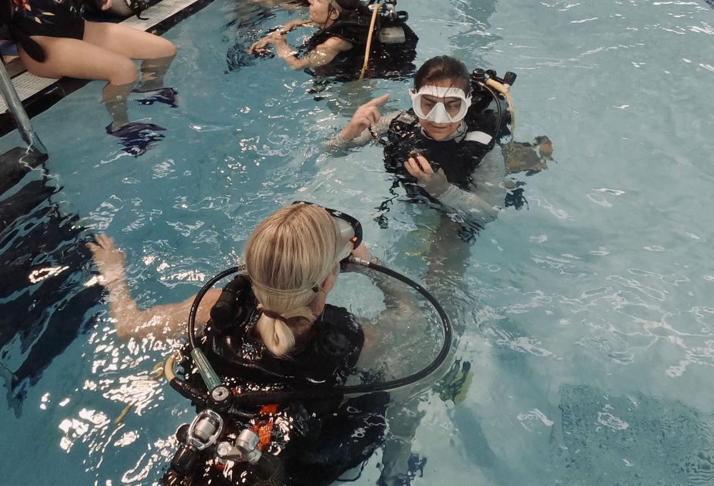 Plongeuses dans un piscine discutant